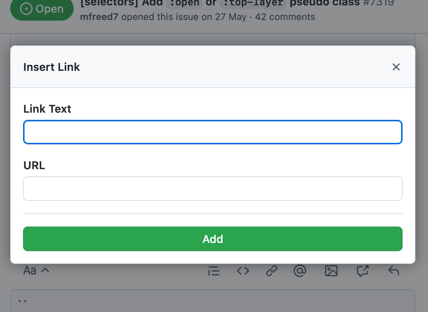 Esempio di dialog modale per inserire un link con sfondo oscurato