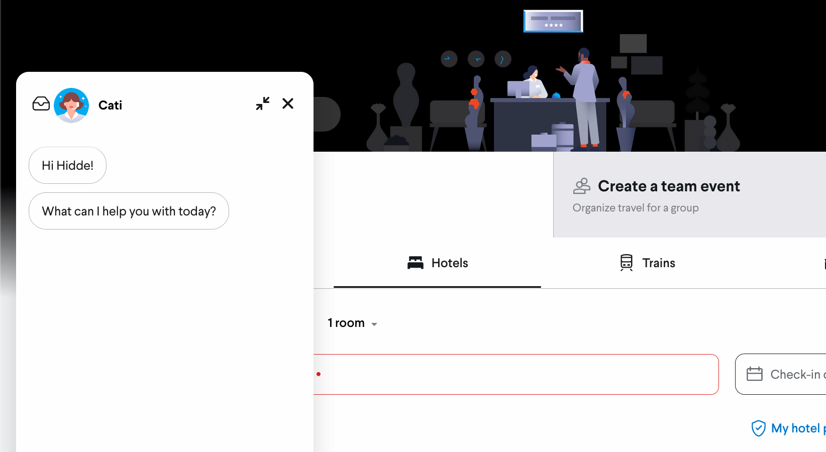 Esempio di finestra chat sovrapposta a una pagina di prenotazione hotel