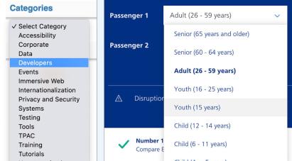Menu di selezione con categorie e opzioni viaggiatori